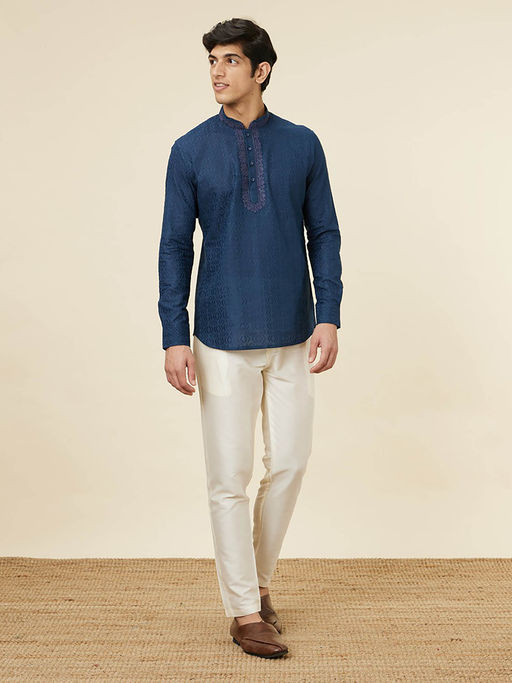 Manyavar Mens Dark Blue Cotton Short Kurta