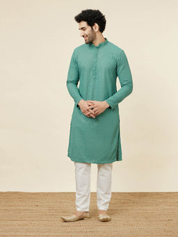 Manyavar - Mens Light Mid Green Blended Cotton Kurta Pyjama (Set of 2)