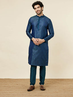 Manyavar - Mens Mid Blue Brocade Kurta Pyjama (Set of 2)