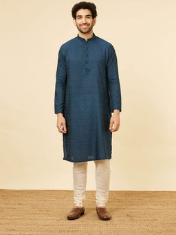 Manyavar - Mens Teal Blue Blended Viscose Kurta Pyjama (Set of 2)