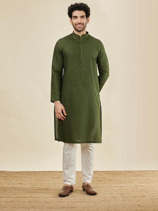 Manyavar Mens Dark Green Cotton Kurta Pyjama (Set of 2)