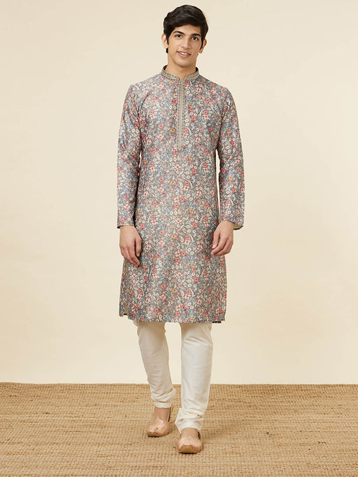 Manyavar Mens Dark Grey Cotton Kurta Churidar (Set of 2)