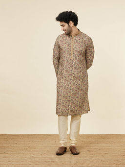 Manyavar - Mens Beige Cotton Kurta Churidar (Set of 2)