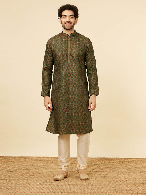 Manyavar Mens Dark Green Art Silk Kurta Churidar (Set of 2)