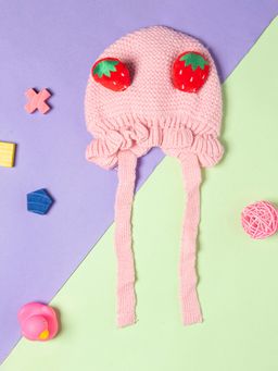 Baby Moo - Knit Woollen Cap with Tie Knot for Ear Cover Strawberry Pink