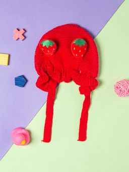 Baby Moo - Knit Woollen Cap with Tie Knot for Ear Cover Strawberry Red