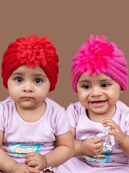 Baby Moo - Red, Pink Girls Floral Petals 2 Pack Knitted Turban Caps (Pack of 2)