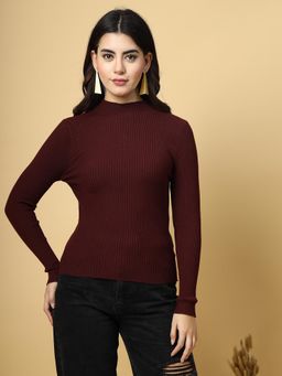 Mafadeny - Women Ribbed High Neck Long Sleeves Top