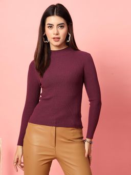 Mafadeny - Ribbed High Neck Long Sleeves Top