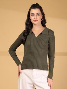 Mafadeny - Women Ribbed Collared Full Sleeves Top