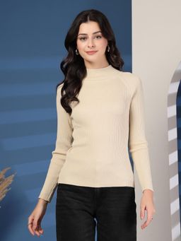 Mafadeny - Women Ribbed High Neck Long Sleeves Top