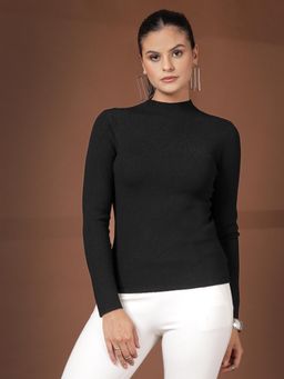 Mafadeny - Black Ribbed High Neck Fitted Top
