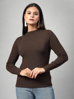 Mafadeny - Coffee Brown Ribbed High Neck Fitted Top