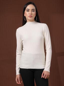 Mafadeny - Cream Ribbed High Neck Fitted Top