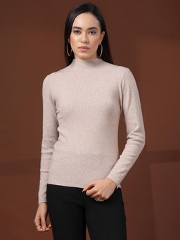 Mafadeny - Women Ribbed High Neck Fitted Top