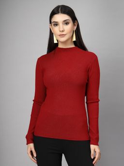 Mafadeny - Women Ribbed High Neck Fitted Top