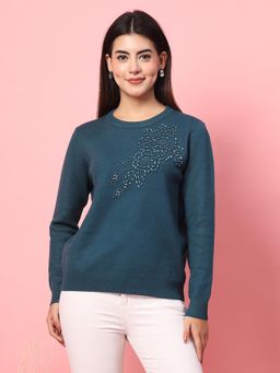 Mafadeny - Teal Embellished Round Neck Pullover
