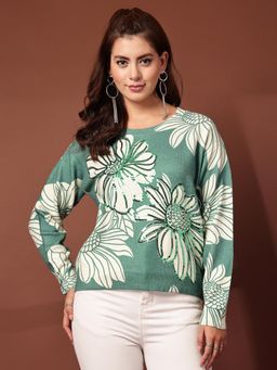 Mafadeny - Green and White Floral Printed Full Sleeves Pullover