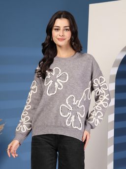 Mafadeny - Grey Floral Embroidered Pullover