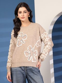Mafadeny - Beige Floral Embroidered Pullover