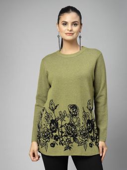 Mafadeny - Green Floral Printed Round Neck Casual Top