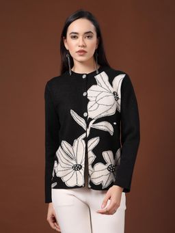 Mafadeny - Black and White Floral Detail Cardigan