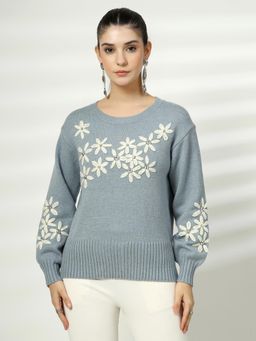 Mafadeny - Women Floral Embroidered Round Neck Top