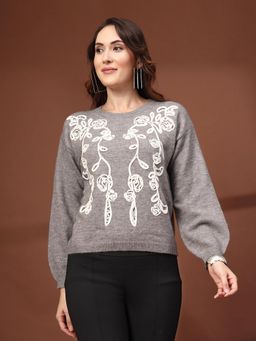 Mafadeny - Women Floral Embroidered Round Neck Top