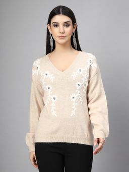 Mafadeny - Women Floral Embroidered V Neck Top