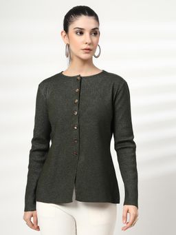 Mafadeny - Green Casual Solid Cardigan
