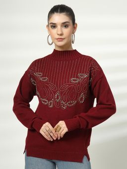 Mafadeny - Maroon Winter Embellished Sweater