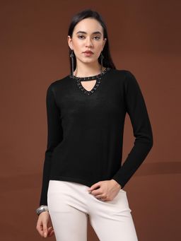 Mafadeny - Slim Fit Embellished Neckline Top