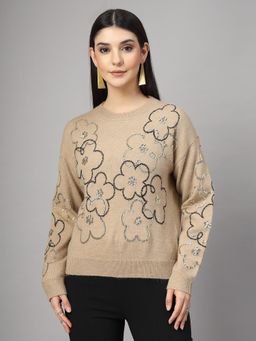 Mafadeny - Floral Embellished Round Neck Pullover