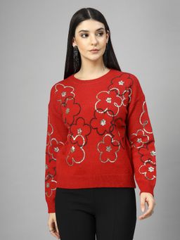 Mafadeny - Floral Embellished Round Neck Pullover