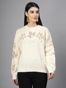Mafadeny - Women Floral Embroidered Round Neck Pullover (L)