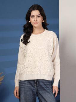 Mafadeny - Cream Lace Detail Full Sleeves Pullover