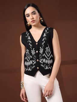 Mafadeny - Embroidered V Neck Sleeveless Cardigan