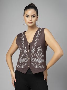 Mafadeny - Embroidered V Neck Sleeveless Cardigan