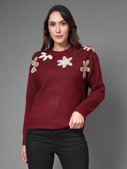Mafadeny - Maroon Floral Embroidered Pullover