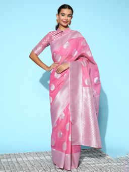 Akhilam - Womens Pure Linen Pink Woven Design Woven Saree with Unstitched Blouse