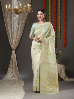 Akhilam - Womens Organza Sea Green Woven Design Designer Saree with Unstitched Blouse