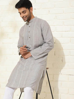 Fabindia - Grey Cotton Embroidered Slim Fit Long Kurta
