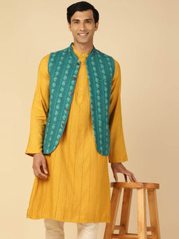 Fabindia - FabBasics Teal Cotton Printed Slim Fit Jacket Nehru