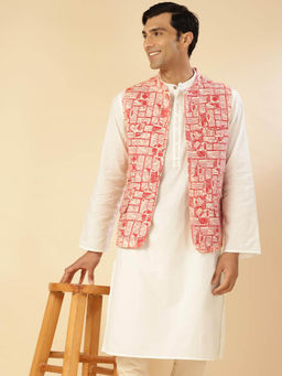 Fabindia - FabBasics Red Cotton Printed Slim Fit Jacket Nehru