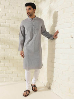 Fabindia - Grey Cotton Knee Length Comfort Fit Chikankari Mandarin Collar Kurta