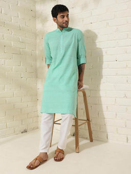 Fabindia - Green Cotton Knee Length Comfort Fit Chikankari Mandarin Collar Kurta