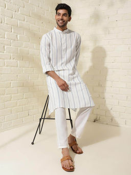 Fabindia - Natural Blue Cotton Knee Length Comfort Fit Striped Kurta
