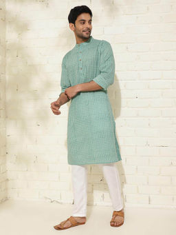 Fabindia - Green Cotton Knee Length Hand Block Print Mandarin Collar Kurta