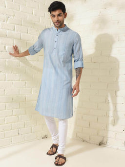 Fabindia - Blue Cotton Knee Length Slim Fit Striped Mandarin Collar Kurta