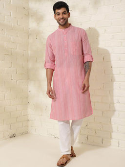 Fabindia - Pink Cotton Knee Length Slim Fit Striped Mandarin Collar Kurta
